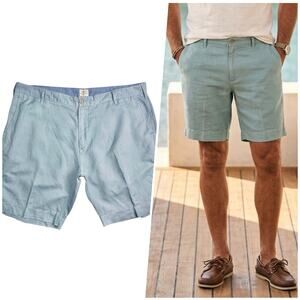 Faherty | Men | Malibu Teal Linen Cotton Blend Flat Front Chino Shorts | Size 40